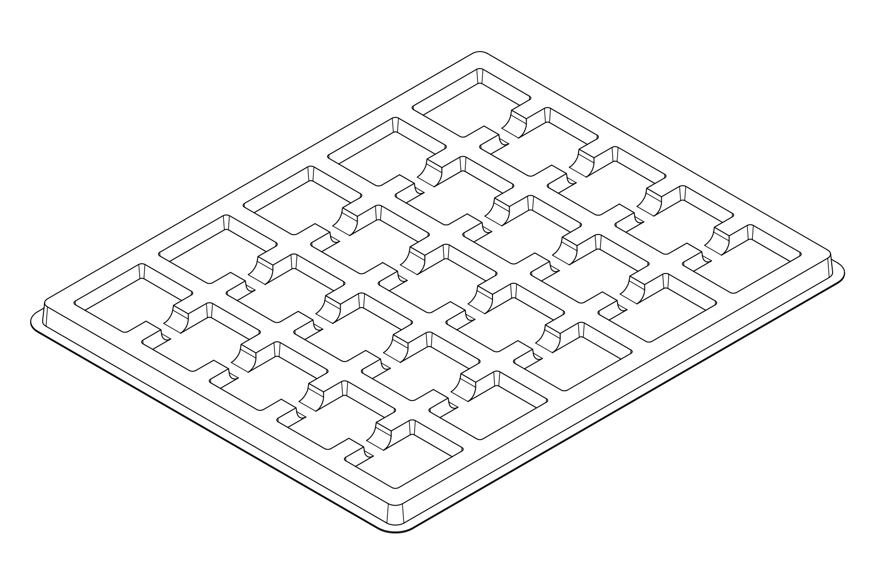 Isometric line view of the MC-77270 tray showing its 25 device positions and formed support and relief details.