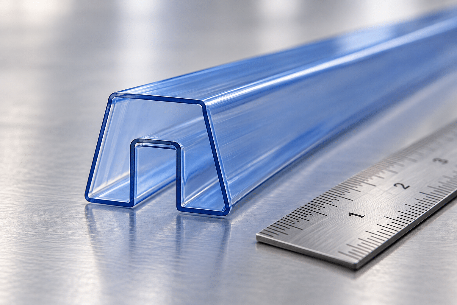 Open end of a translucent blue IC shipping tube showing its internal support profile beside a metal ruler.
